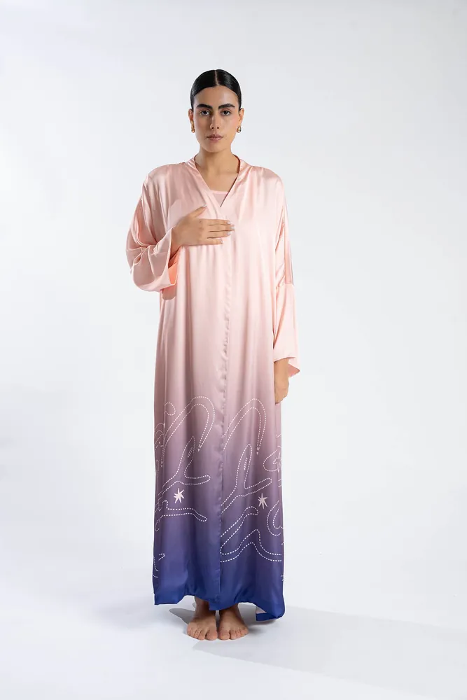 Blush-to-indigo ombré abaya, front view