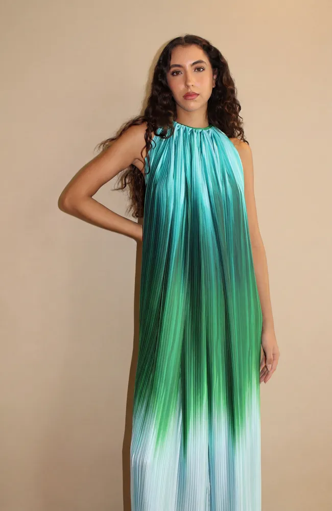 Emerald ombré pleated halter gown
