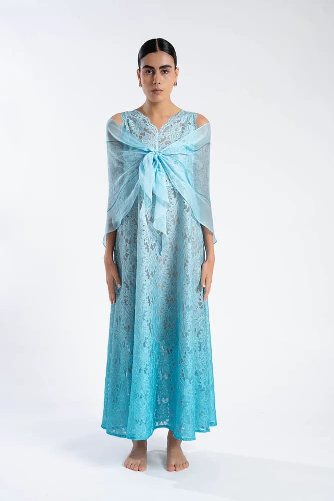 Aqua ombré dress with sheer wrap